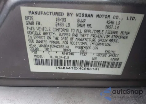 2004 Nissan Maxima 3.5 Sl from USA, damaged, VIN 1N4BA41EX4C865141